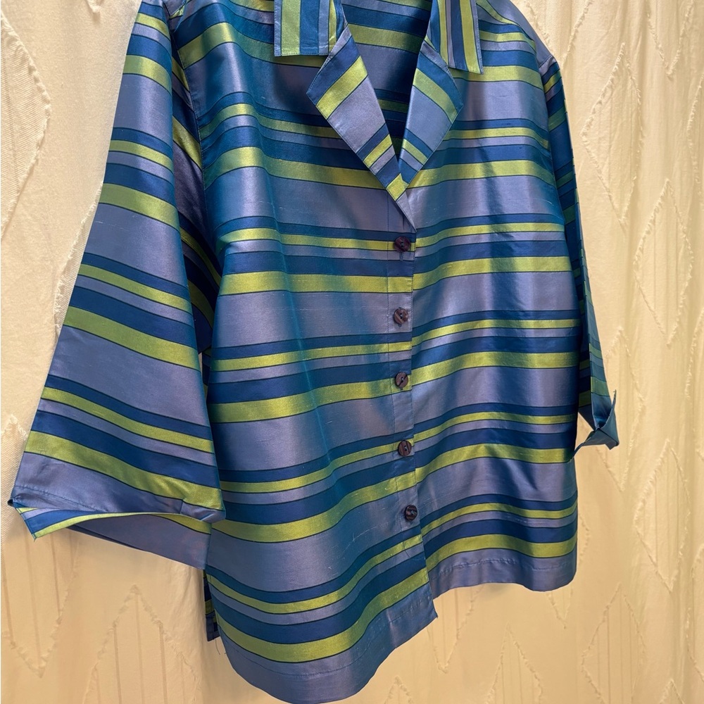 Preston & York Blue and Green Striped Silk Shirt - Picture 2 of 5